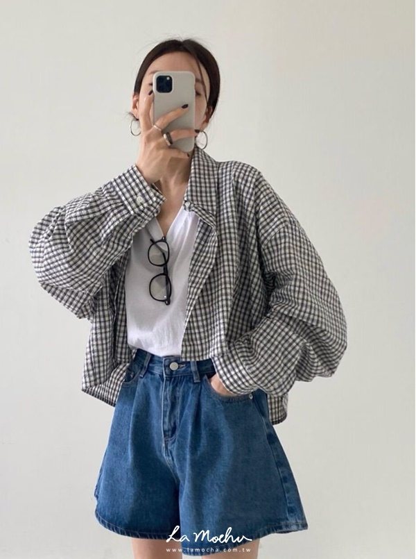 泡泡布細格紋襯衫外套